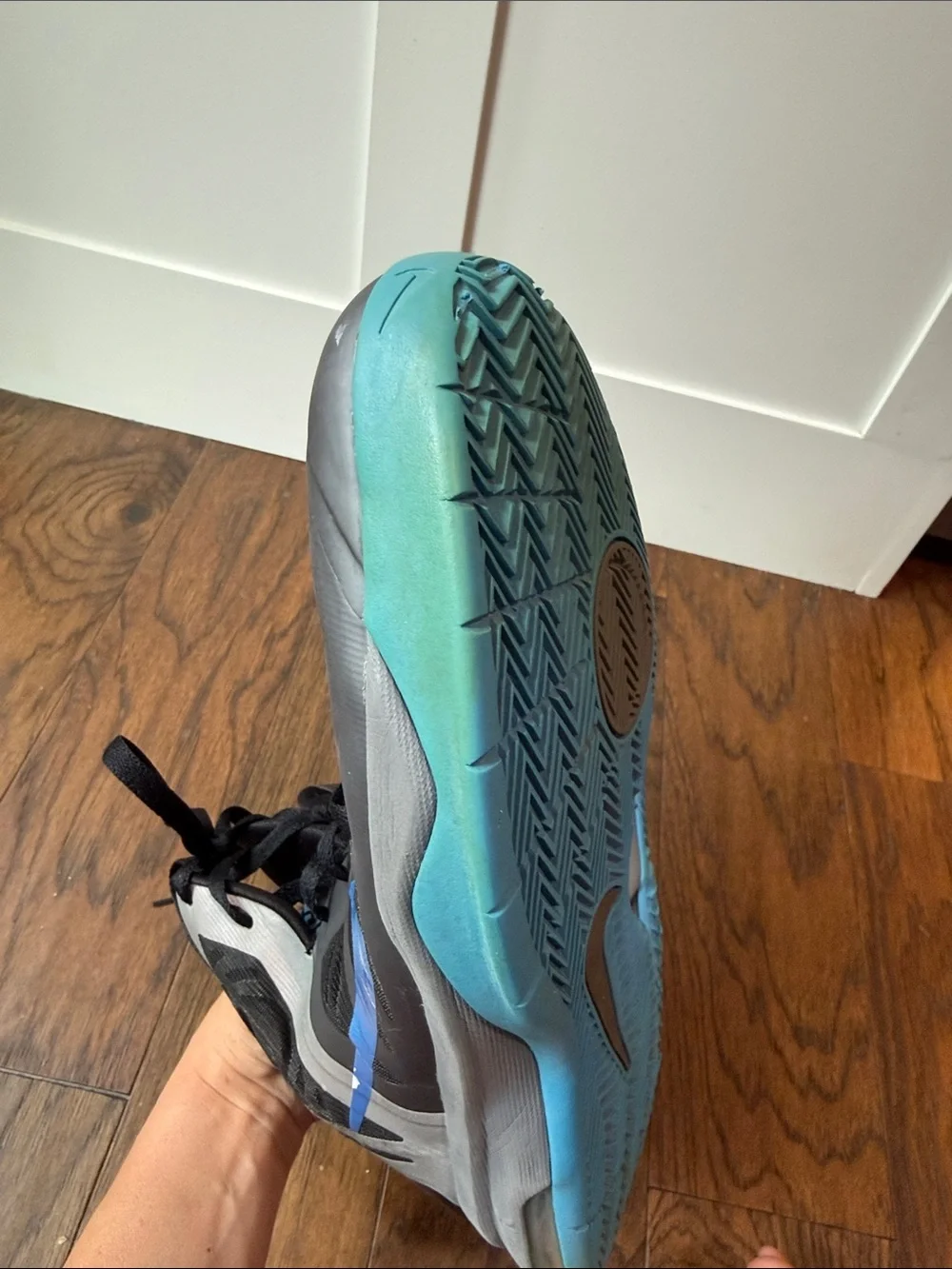 Nike Gray & Teal Blue High-Top Basketball Shoes with Blue Swoosh